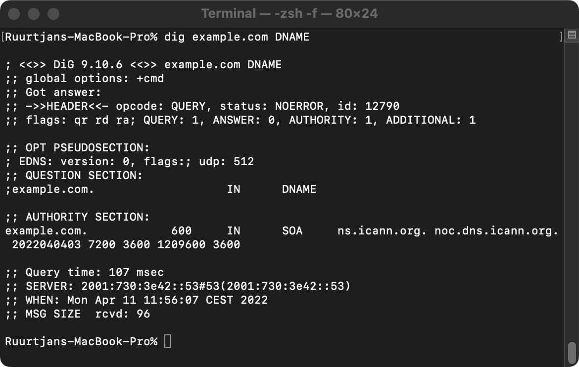 Example output of a DNAME lookup query