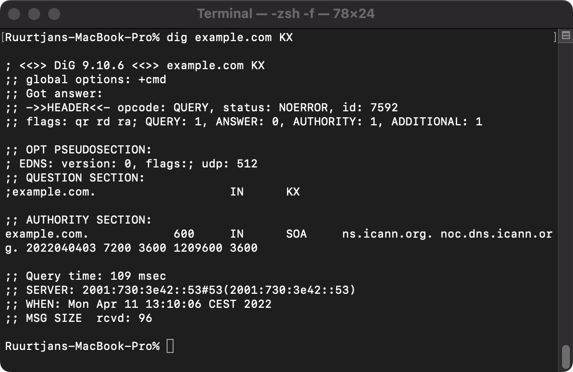 Example output of a KX lookup query