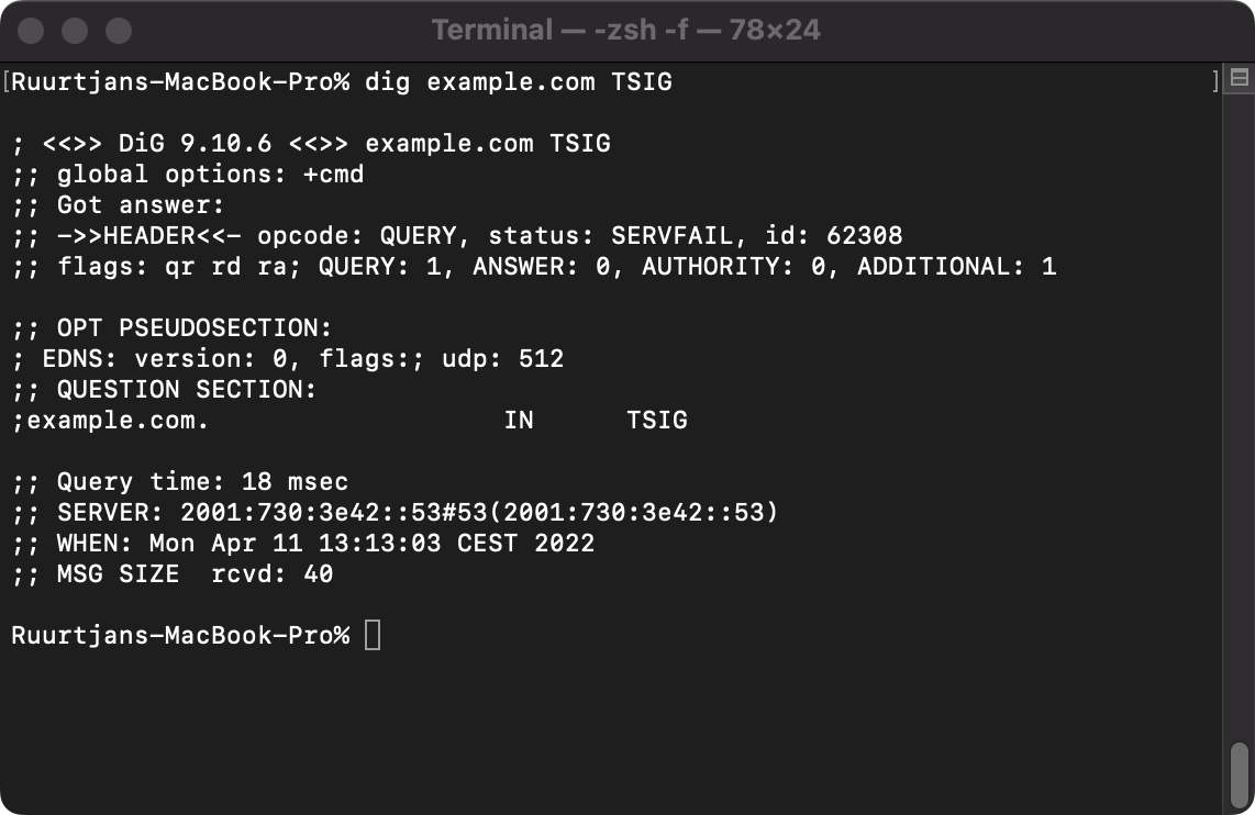 Example output of a TSIG lookup query